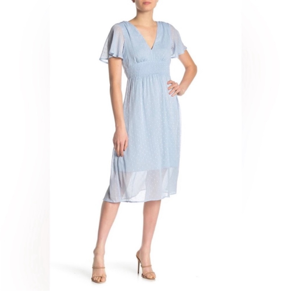 SUPERFOXX Ruffle Short Sleeve V Neck Ruched Waist Elegant Blue Chiffon Dress XS